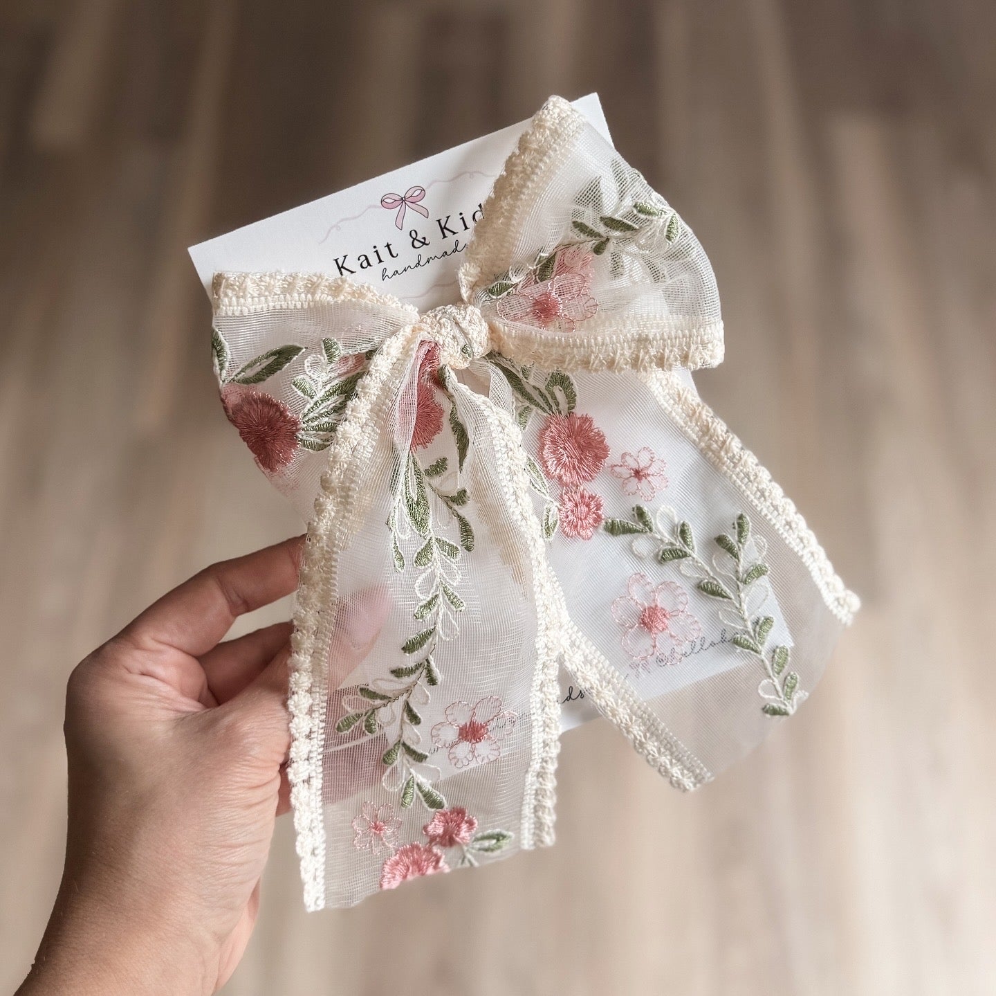 Vintage pink rose embroidered bow *large*
