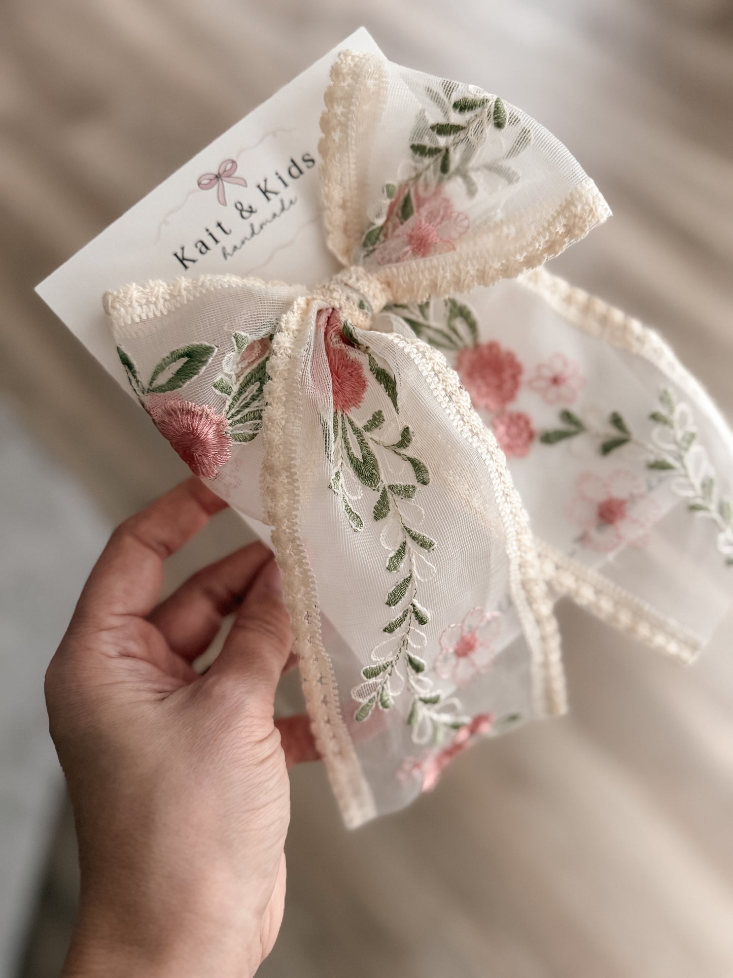 Vintage pink rose embroidered bow *large*
