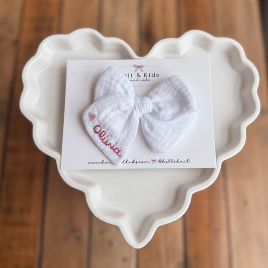 Embroidered name bow ♡ white / headband / clip