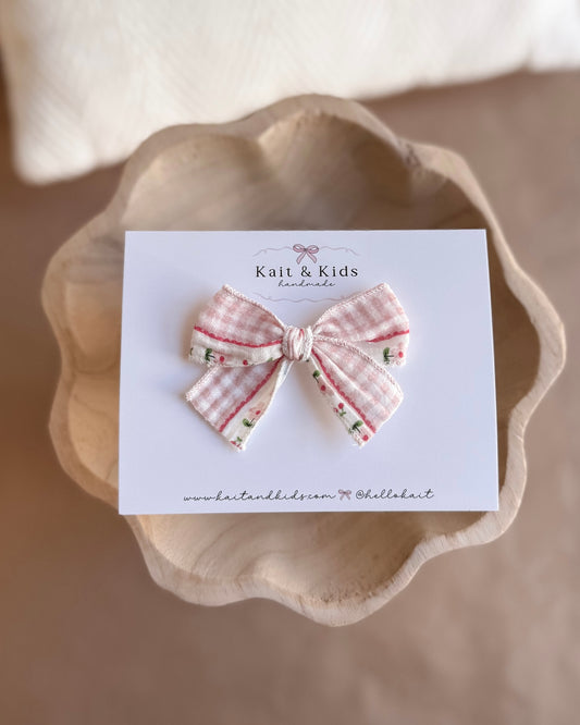 Pink gingham mini cherries ✿ headband / clip / piggy set